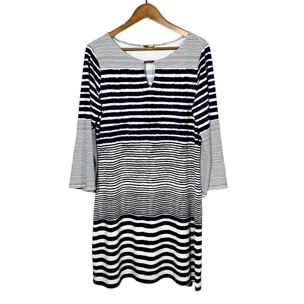Haani Shift Dress Casual Stripe Long Sleeve Keyhole Black White - L